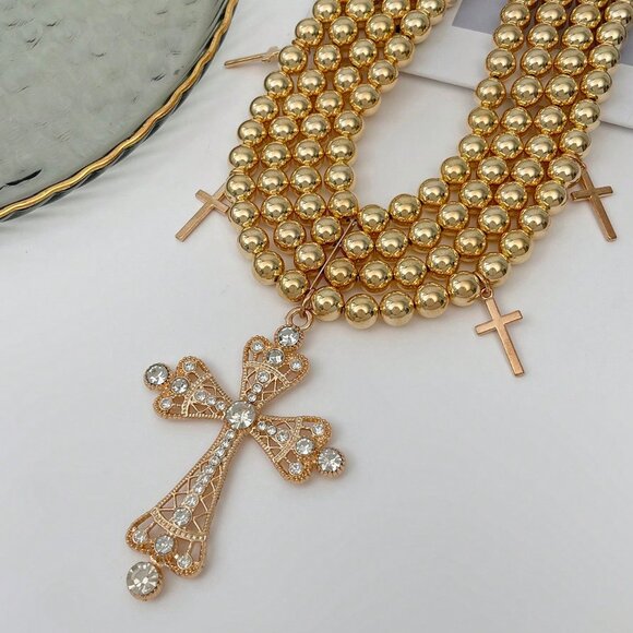 Gold Boho Women's Bohemian Multi-Layer Beaded Cross Pendant Necklace - Picture 2 of 6